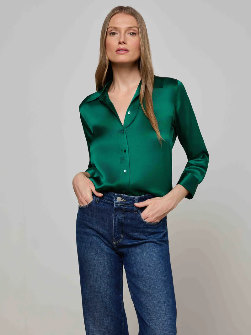 Jessica | Green Silk Button-Down