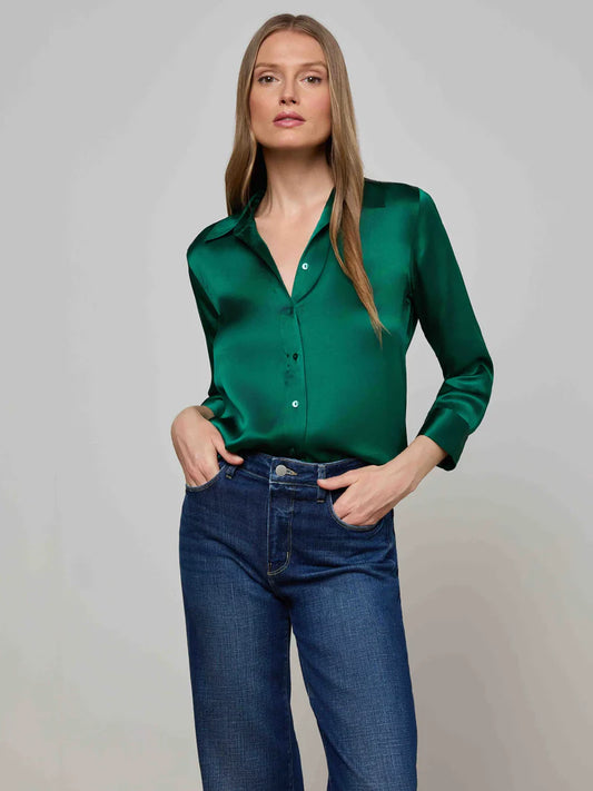 Jessica | Green Silk Button-Down